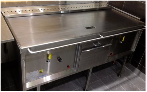 Stainless griddle bench with drawer and rail